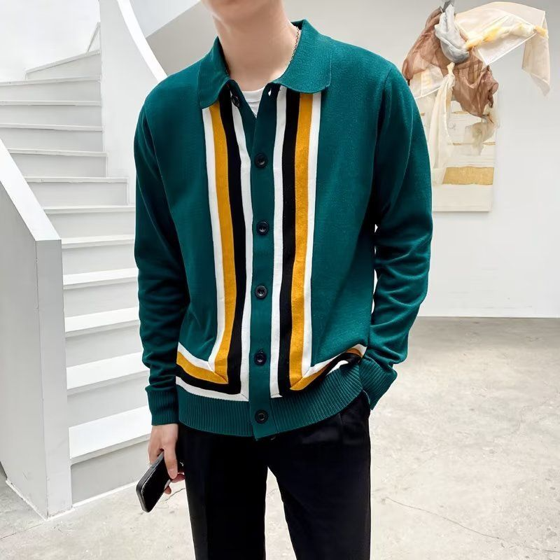 Bonsir Vintage Striped Jacquard Sweater Cardigans Men Autumn Fashion Button-down Turn-down Collar Knit Shirts Casual Slim Sweaters