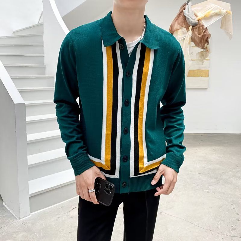 Bonsir Vintage Striped Jacquard Sweater Cardigans Men Autumn Fashion Button-down Turn-down Collar Knit Shirts Casual Slim Sweaters