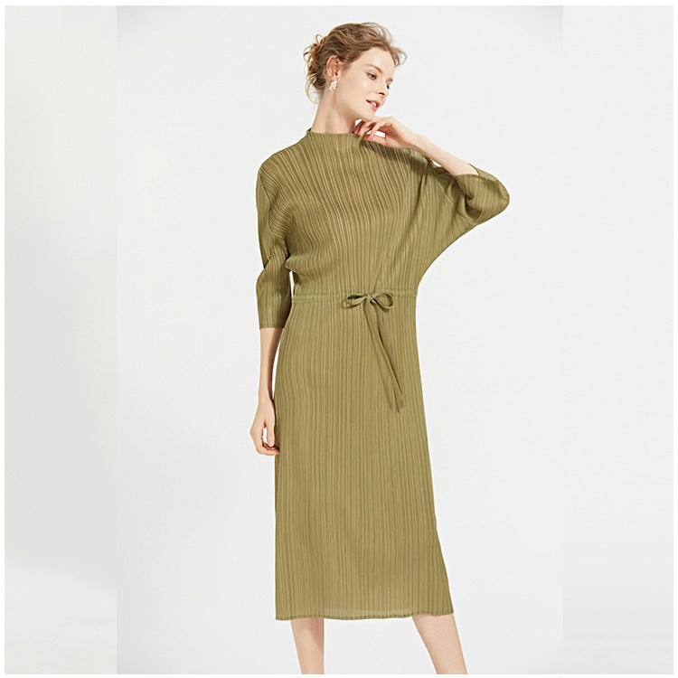 2025 spring new fashionable simple solid color women's clothing semi-turtleneck medium and long pleated dress loose a-word skirt