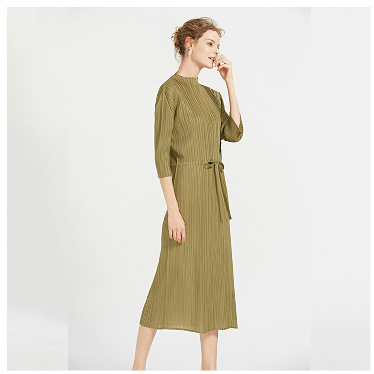 2025 spring new fashionable simple solid color women's clothing semi-turtleneck medium and long pleated dress loose a-word skirt