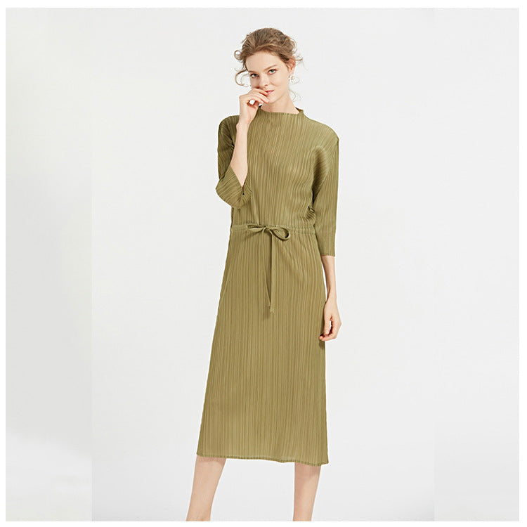 2025 spring new fashionable simple solid color women's clothing semi-turtleneck medium and long pleated dress loose a-word skirt