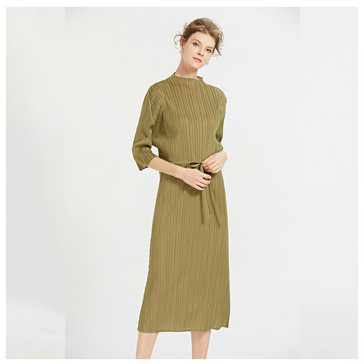 2025 spring new fashionable simple solid color women's clothing semi-turtleneck medium and long pleated dress loose a-word skirt
