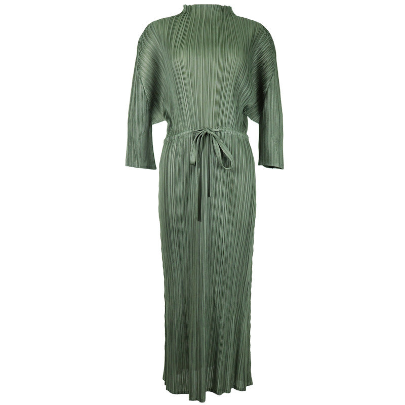 2025 spring new fashionable simple solid color women's clothing semi-turtleneck medium and long pleated dress loose a-word skirt