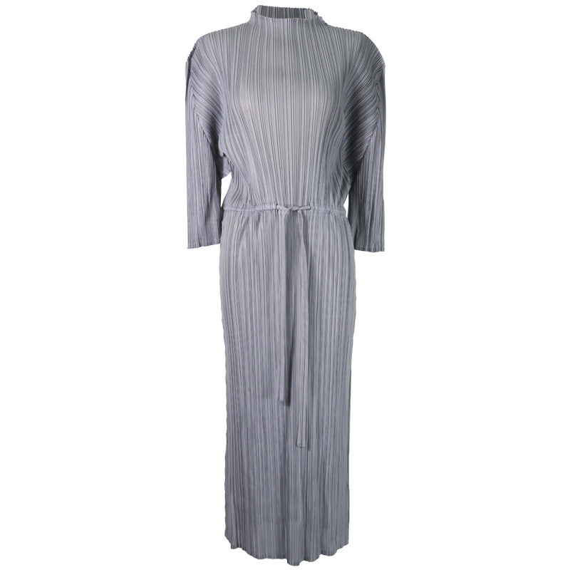 2025 spring new fashionable simple solid color women's clothing semi-turtleneck medium and long pleated dress loose a-word skirt