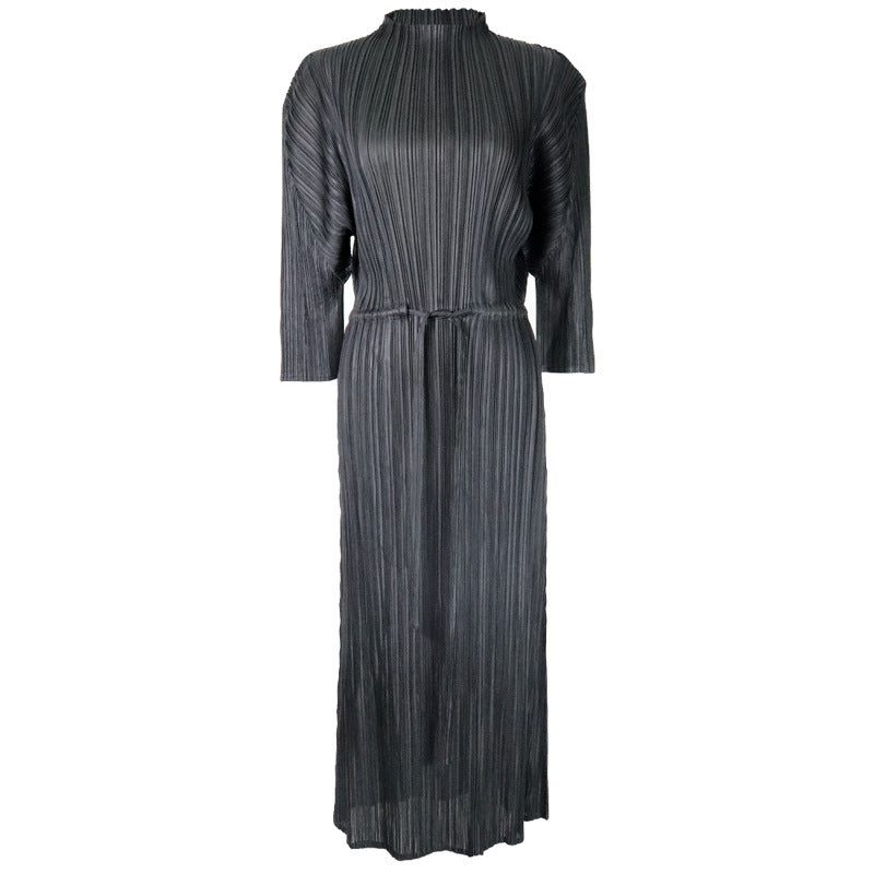 2025 spring new fashionable simple solid color women's clothing semi-turtleneck medium and long pleated dress loose a-word skirt