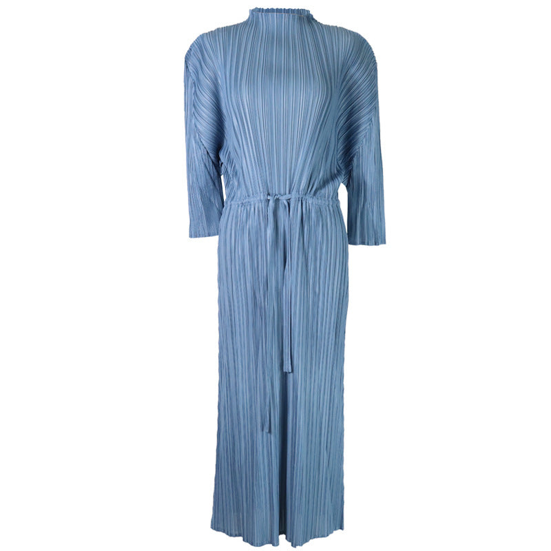 2025 spring new fashionable simple solid color women's clothing semi-turtleneck medium and long pleated dress loose a-word skirt