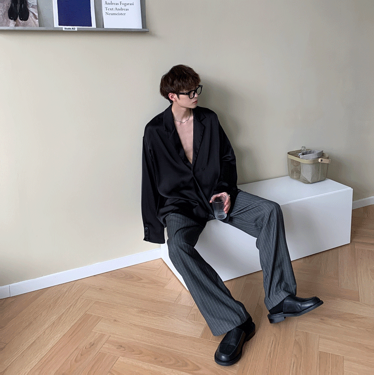 sanyamk Autumn Black White Silk Blazer Men's Fashion Business Society Mens Suit Jacket Korean Loose Casual Dress Jacket Men M-XL