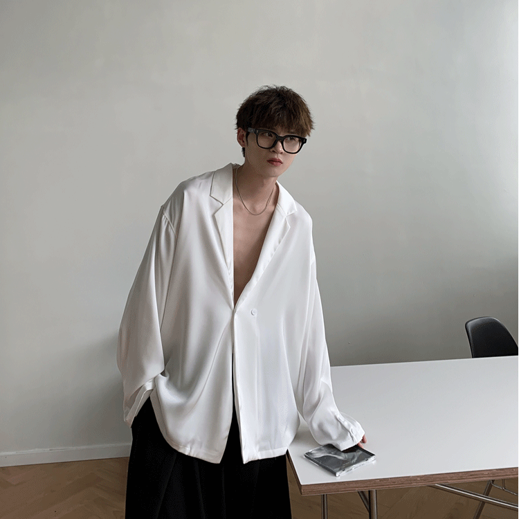 sanyamk Autumn Black White Silk Blazer Men's Fashion Business Society Mens Suit Jacket Korean Loose Casual Dress Jacket Men M-XL