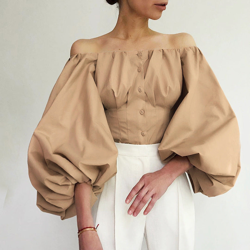 2025 temperament spring new design sense long sleeve bubble lantern sleeve shoulder leakage women's shirt top