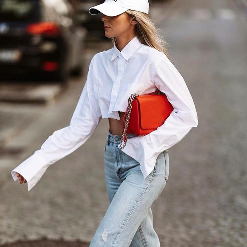 2025 Popular, popular summer new pure cotton short long-sleeved design sense niche white shirt temperament Popular trade top women's clothing