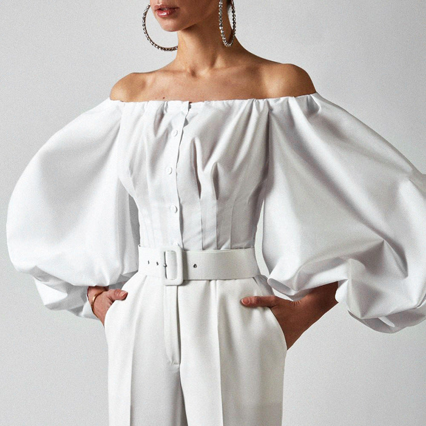 2025 temperament spring new design sense long sleeve bubble lantern sleeve shoulder leakage women's shirt top