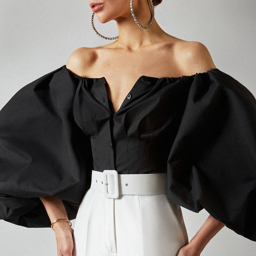 2025 temperament spring new design sense long sleeve bubble lantern sleeve shoulder leakage women's shirt top