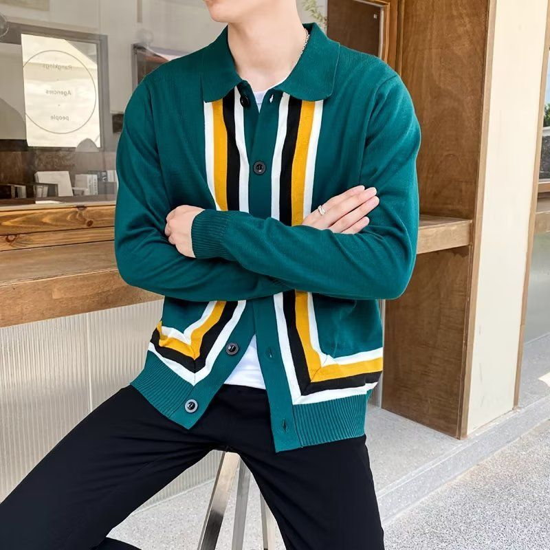 Bonsir Vintage Striped Jacquard Sweater Cardigans Men Autumn Fashion Button-down Turn-down Collar Knit Shirts Casual Slim Sweaters