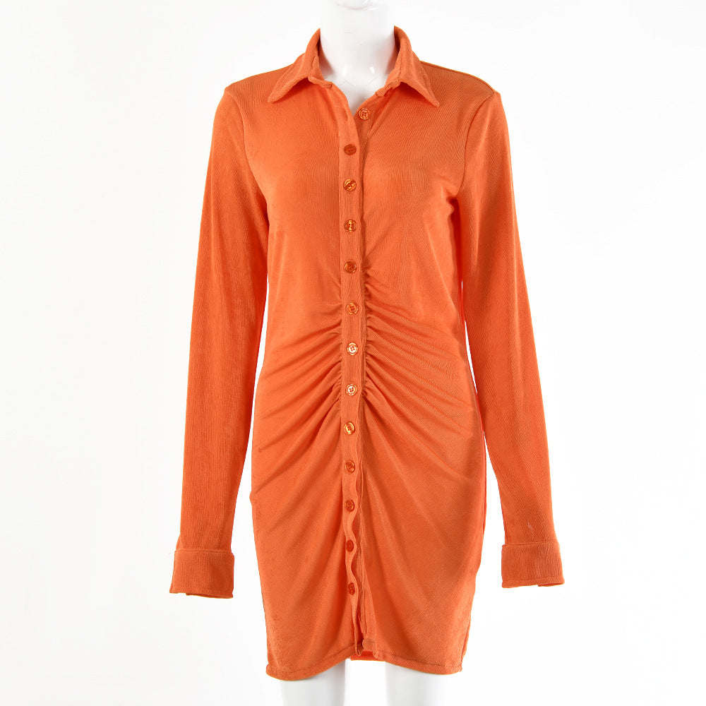 2025 Solid color dress women's summer new women's clothing Spice Girl sexy long-sleeved lapel single-breasted cardigan short skirt
