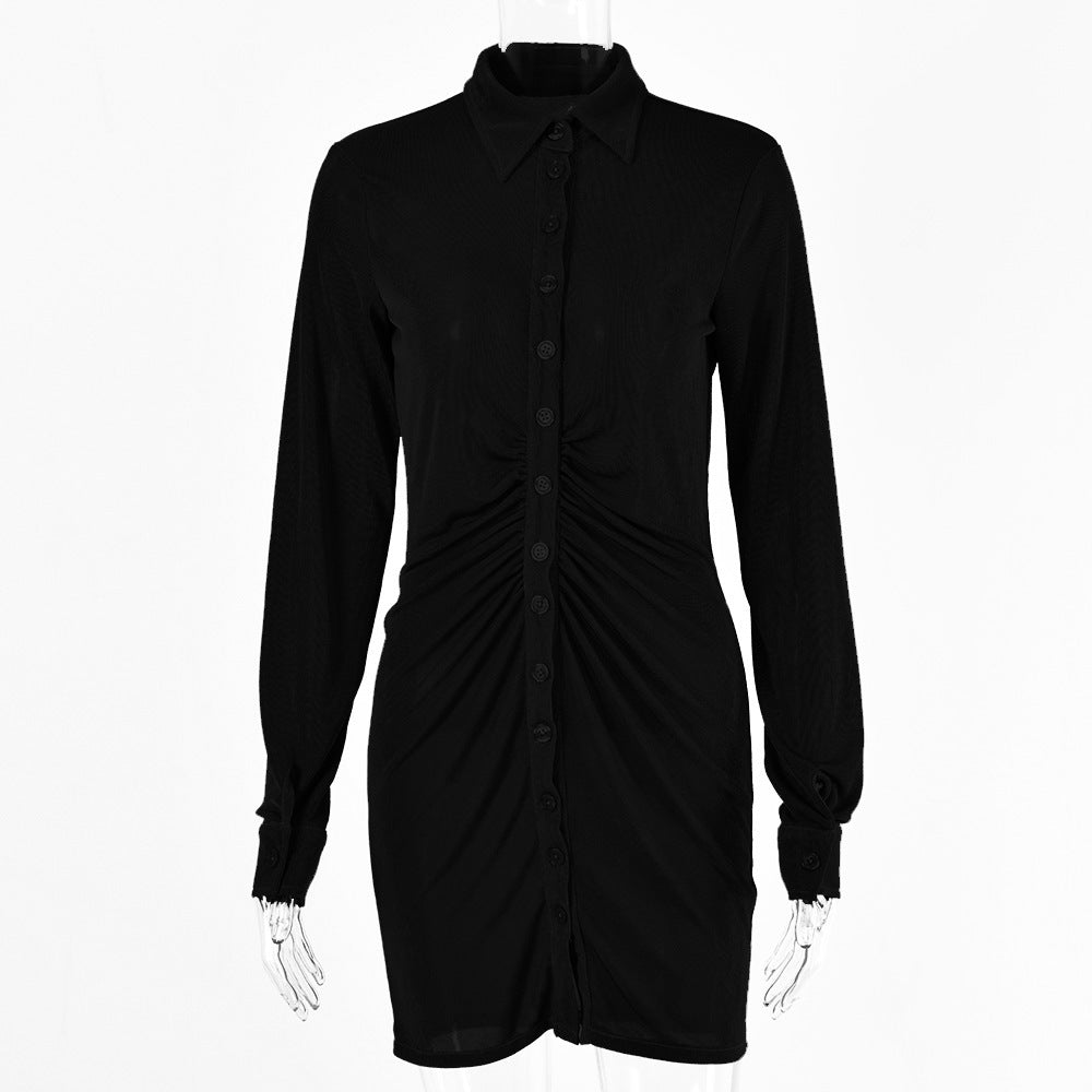 2025 Solid color dress women's summer new women's clothing Spice Girl sexy long-sleeved lapel single-breasted cardigan short skirt