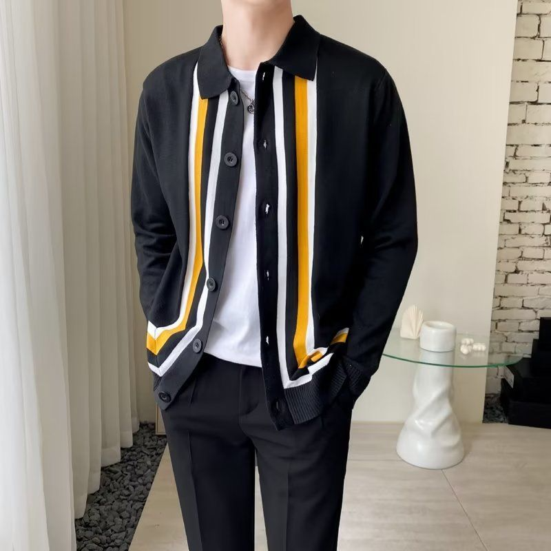 Bonsir Vintage Striped Jacquard Sweater Cardigans Men Autumn Fashion Button-down Turn-down Collar Knit Shirts Casual Slim Sweaters