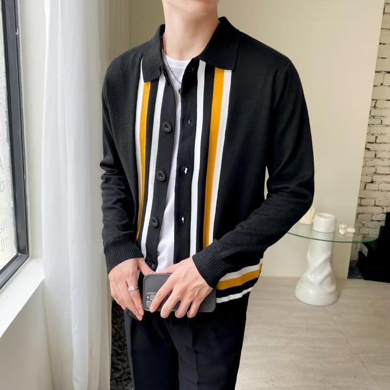 Bonsir Vintage Striped Jacquard Sweater Cardigans Men Autumn Fashion Button-down Turn-down Collar Knit Shirts Casual Slim Sweaters