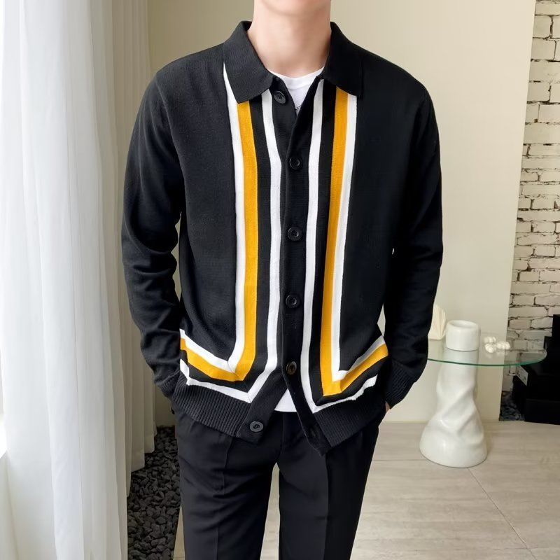 Bonsir Vintage Striped Jacquard Sweater Cardigans Men Autumn Fashion Button-down Turn-down Collar Knit Shirts Casual Slim Sweaters