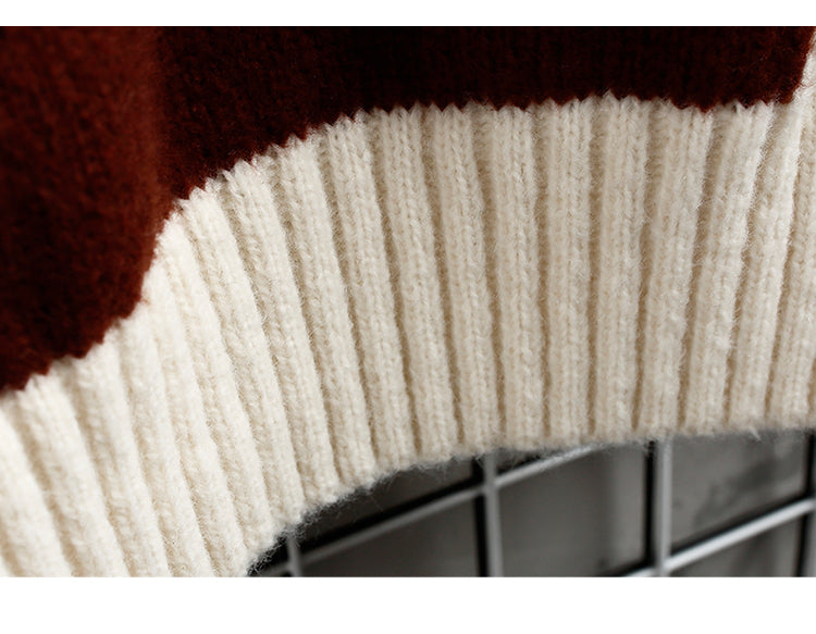 Bonsir autumn and winter new sweater warm fashion stitching color matching pullover round neck sweater thickened knitted sweater