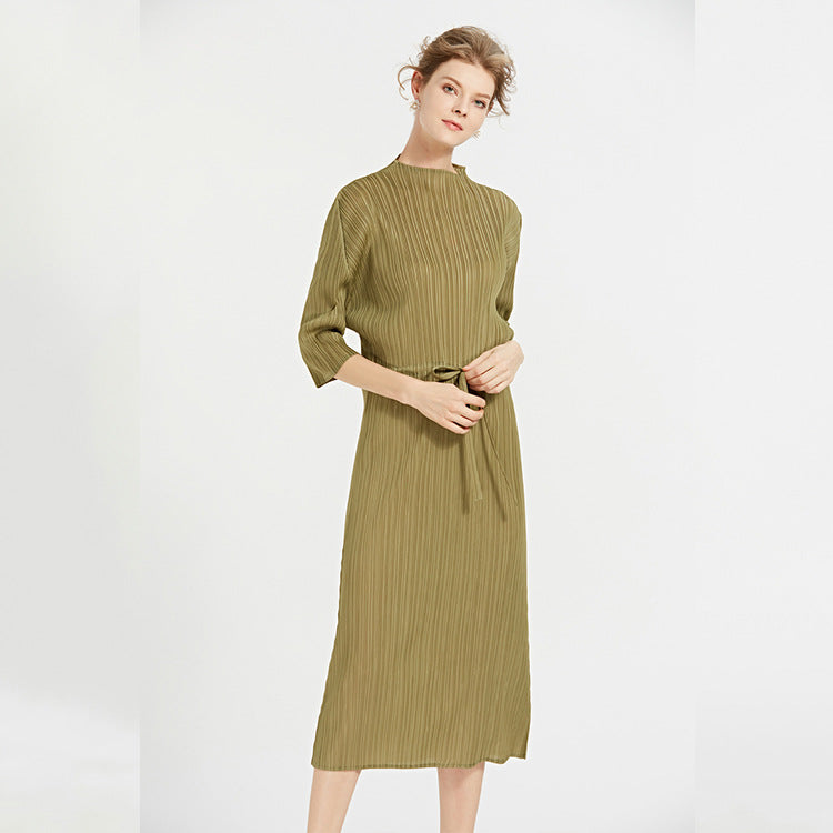 2025 spring new fashionable simple solid color women's clothing semi-turtleneck medium and long pleated dress loose a-word skirt
