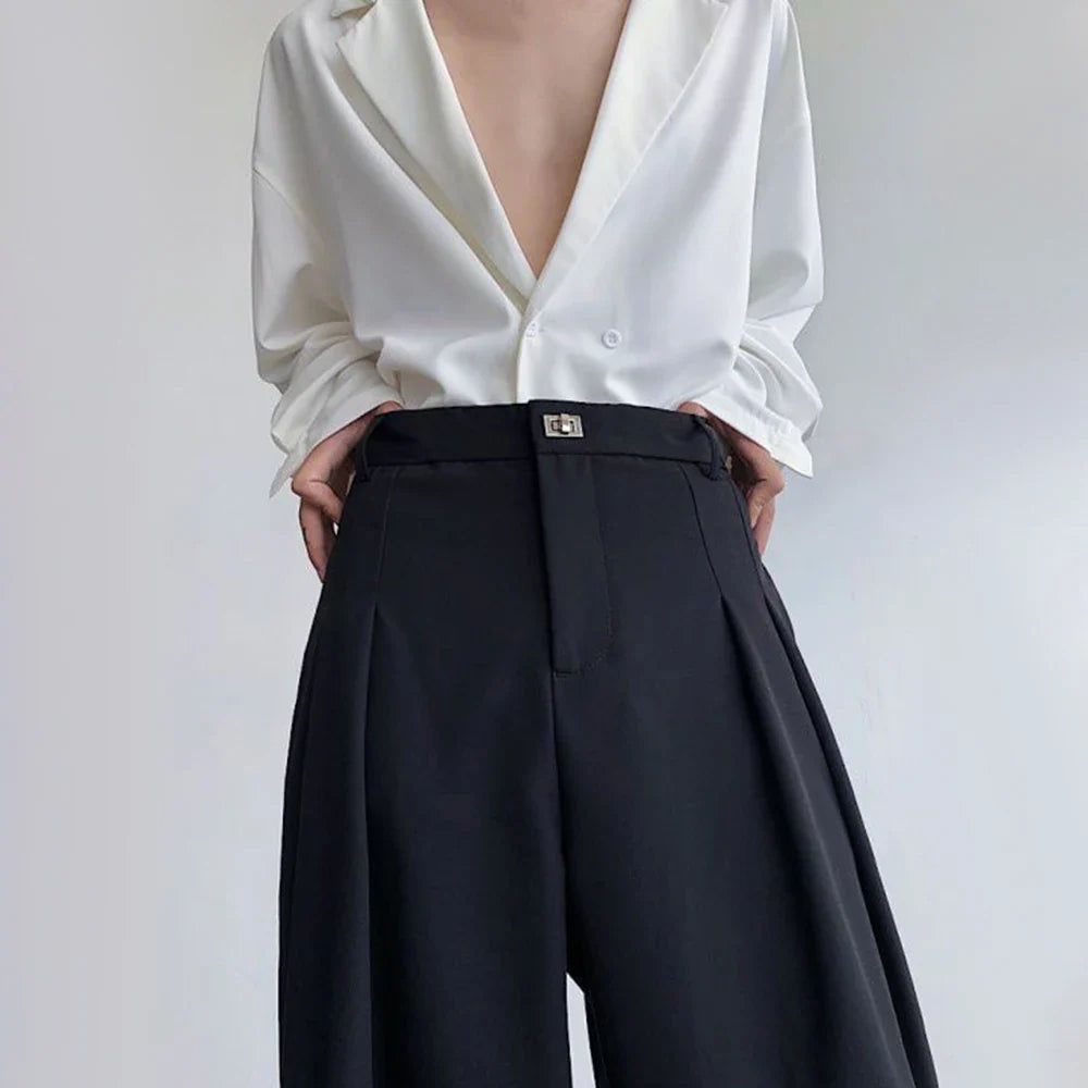 sanyamk Men Metal Buckle Casual Wide Leg Suit Pants Genderless 2024 New Business Simple Versatile Solid Color High Waist Trousers Unisex