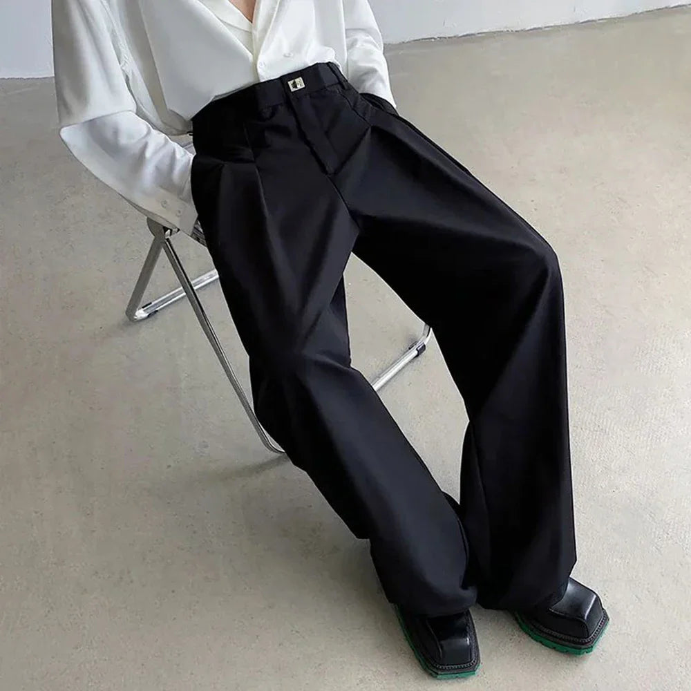 sanyamk Men Metal Buckle Casual Wide Leg Suit Pants Genderless 2024 New Business Simple Versatile Solid Color High Waist Trousers Unisex
