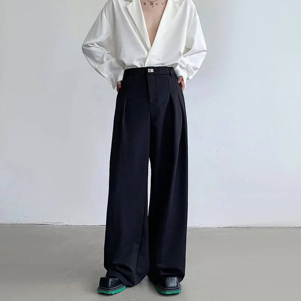sanyamk Men Metal Buckle Casual Wide Leg Suit Pants Genderless 2024 New Business Simple Versatile Solid Color High Waist Trousers Unisex