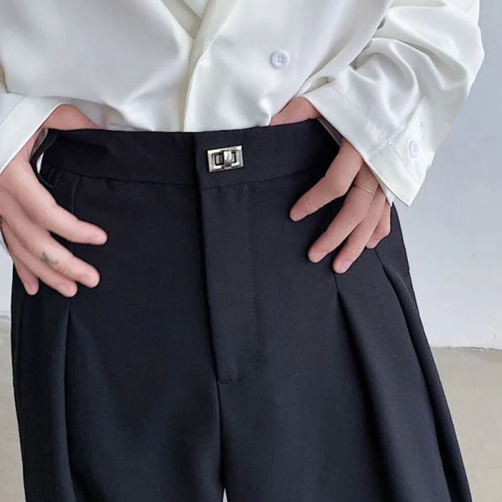 sanyamk Men Metal Buckle Casual Wide Leg Suit Pants Genderless 2024 New Business Simple Versatile Solid Color High Waist Trousers Unisex