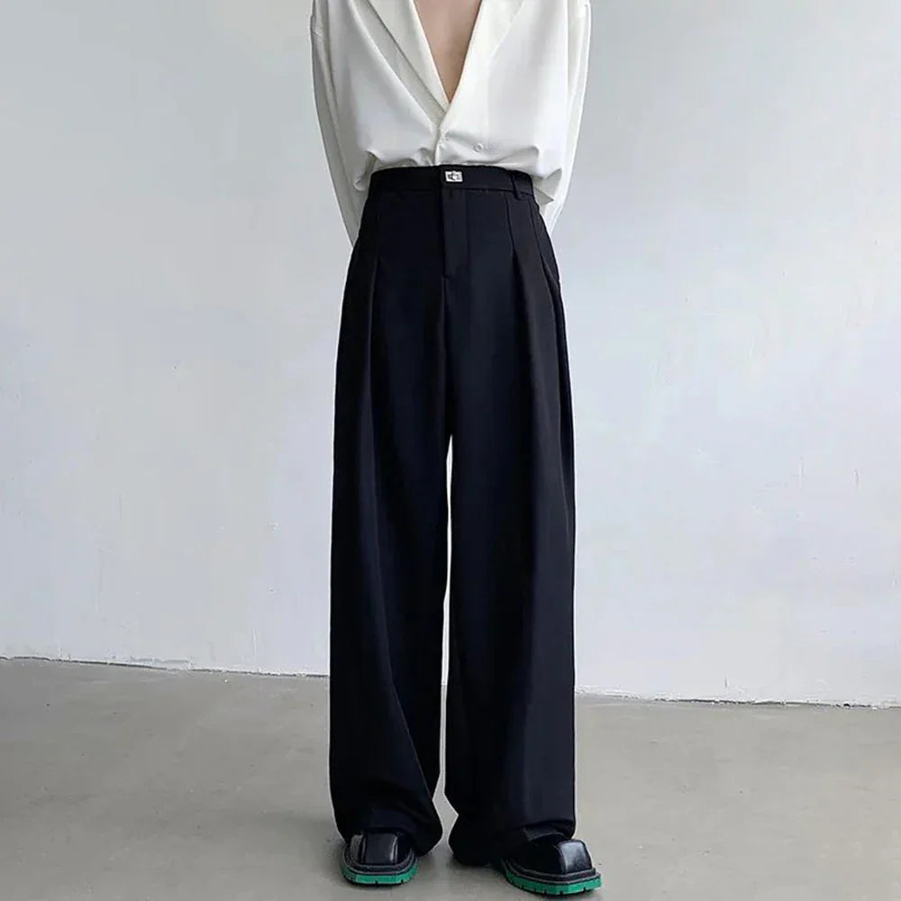 sanyamk Men Metal Buckle Casual Wide Leg Suit Pants Genderless 2024 New Business Simple Versatile Solid Color High Waist Trousers Unisex