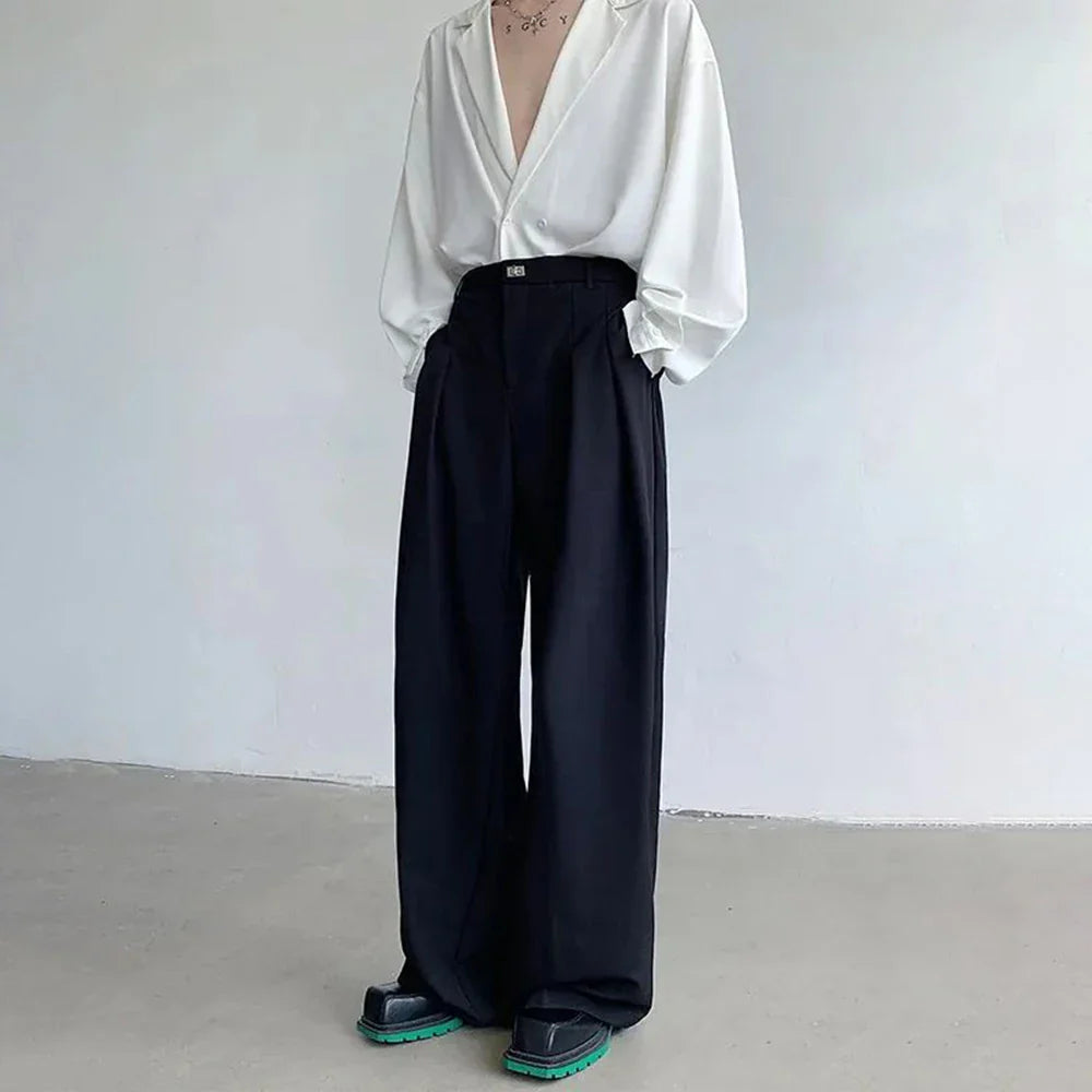 sanyamk Men Metal Buckle Casual Wide Leg Suit Pants Genderless 2024 New Business Simple Versatile Solid Color High Waist Trousers Unisex