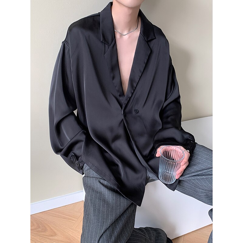 sanyamk Autumn Black White Silk Blazer Men's Fashion Business Society Mens Suit Jacket Korean Loose Casual Dress Jacket Men M-XL