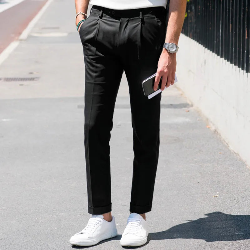 sanyamk - Men's casual pants 2021 spring and summer new Euro American Street Photo same single pleated hem pants slim
