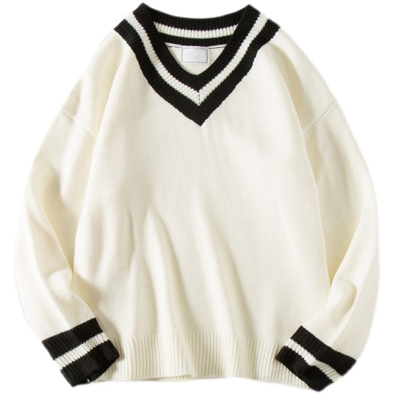 sanyamk Oversized Sweater Men New V-neck Harajuku Patchwork Color Knitted Sweater Pullover Hip Hop Streetwear Loose Knitwear Tops
