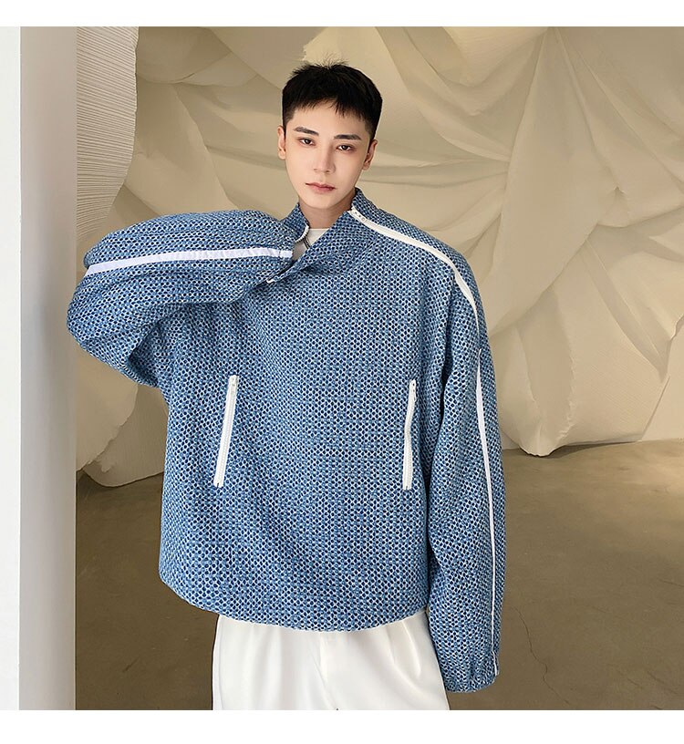 sanyamk Men Denim Stand Collar Double Zipper Loose Pullover Sweatshirt Jacket Man Trend Fashion Streetwear Oversize Sweatshirts Coat Top
