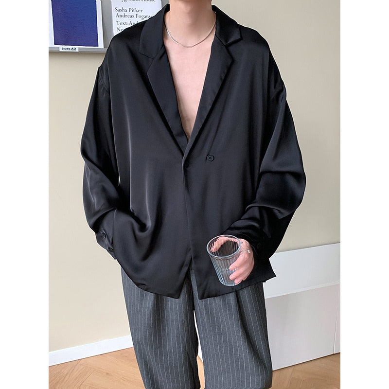 sanyamk Autumn Black White Silk Blazer Men's Fashion Business Society Mens Suit Jacket Korean Loose Casual Dress Jacket Men M-XL