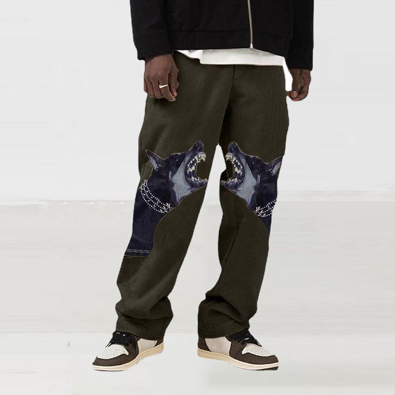 Bonsir Dog Print Man Loose Straight Oversize Pants Male Streetwear Hip Hop Long Trousers Fashion Elastic Waist New Arrived Pants
