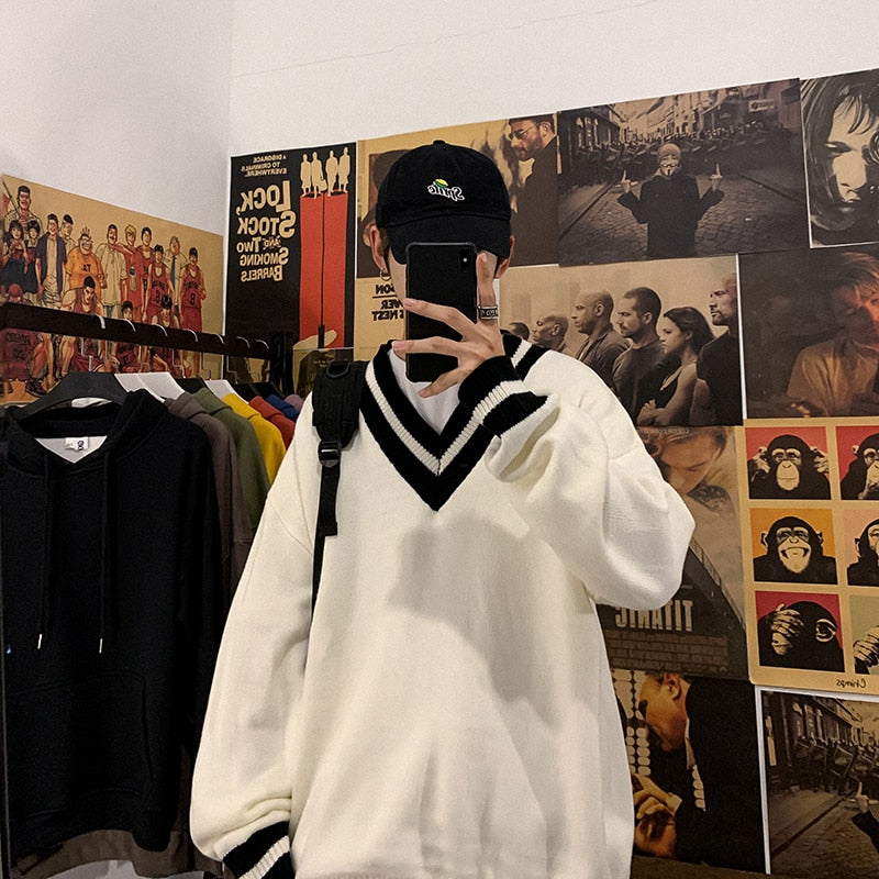 sanyamk Oversized Sweater Men New V-neck Harajuku Patchwork Color Knitted Sweater Pullover Hip Hop Streetwear Loose Knitwear Tops