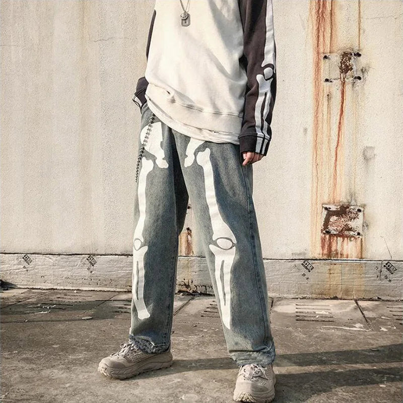 sanyamk Men Jeans Skeleton Oversized Straight jeans Black Pants Denim Mens Streetwear Hip Hop Harem Pants High Wasit Denim Pants