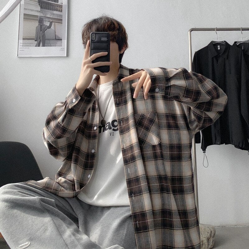 Bonsir Spring And Autumn Plaid Shirt Men's Fashion Retro Casual Shirt Men Streetwear Korean Loose Long-sleeved Shirts Mens M-XL
