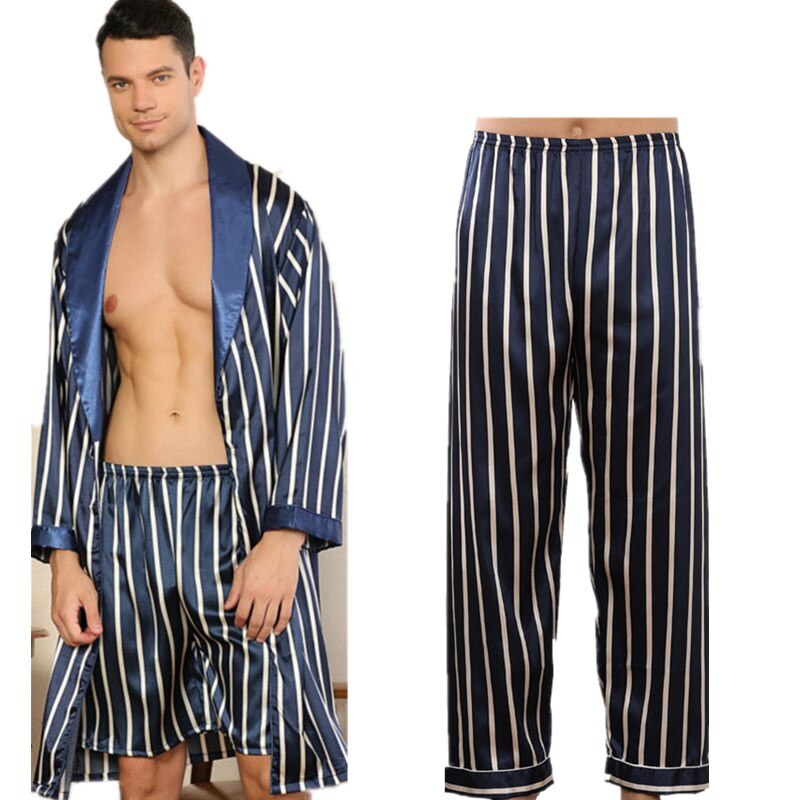 sanyamk 3 PCS Robe Pants Pajama Set 4XL 3XL Men Bathrobe Shorts Suit Silk Sleepwear for Men Kimono Home Soft Cozy Long-sleeved Bath Gown