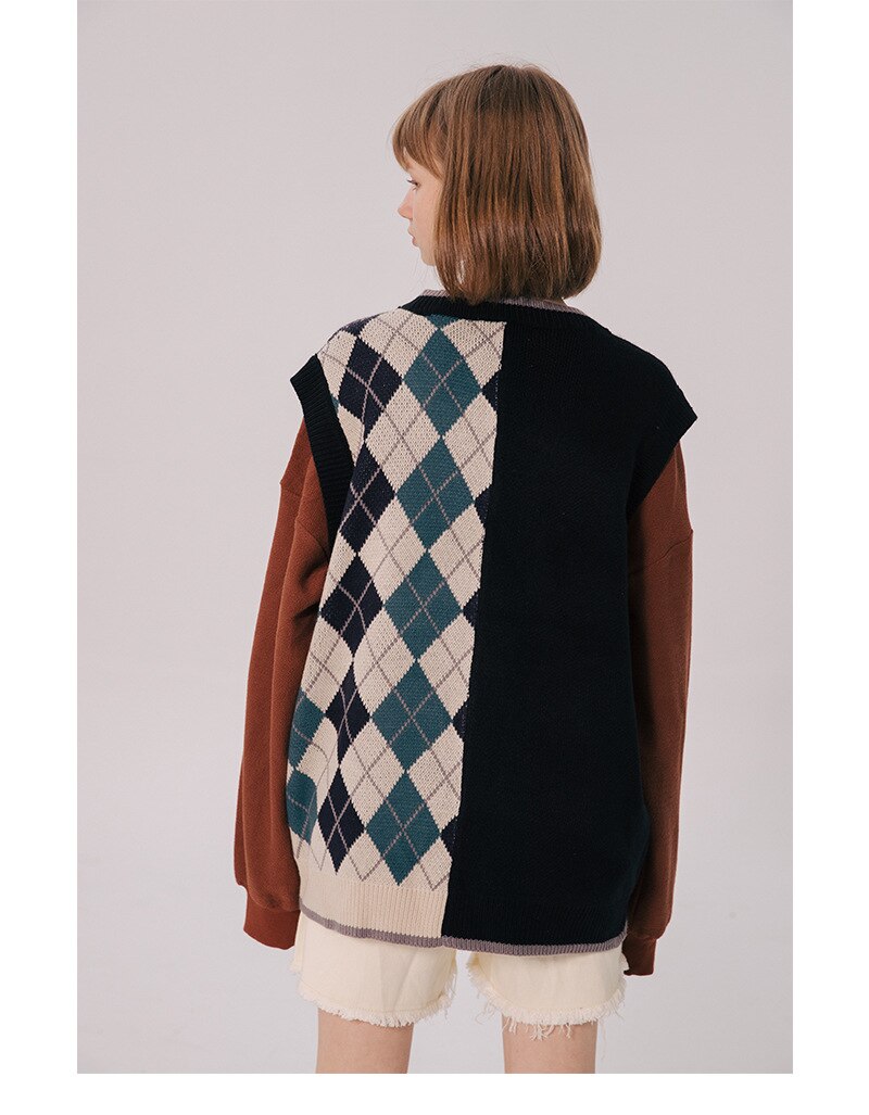 Bonsir Japanese Loose Couple Patchwork Argyle Sweater Vest Men's New Autumn Fashion Harajuku Letter Embroidery Man Pullover Vest