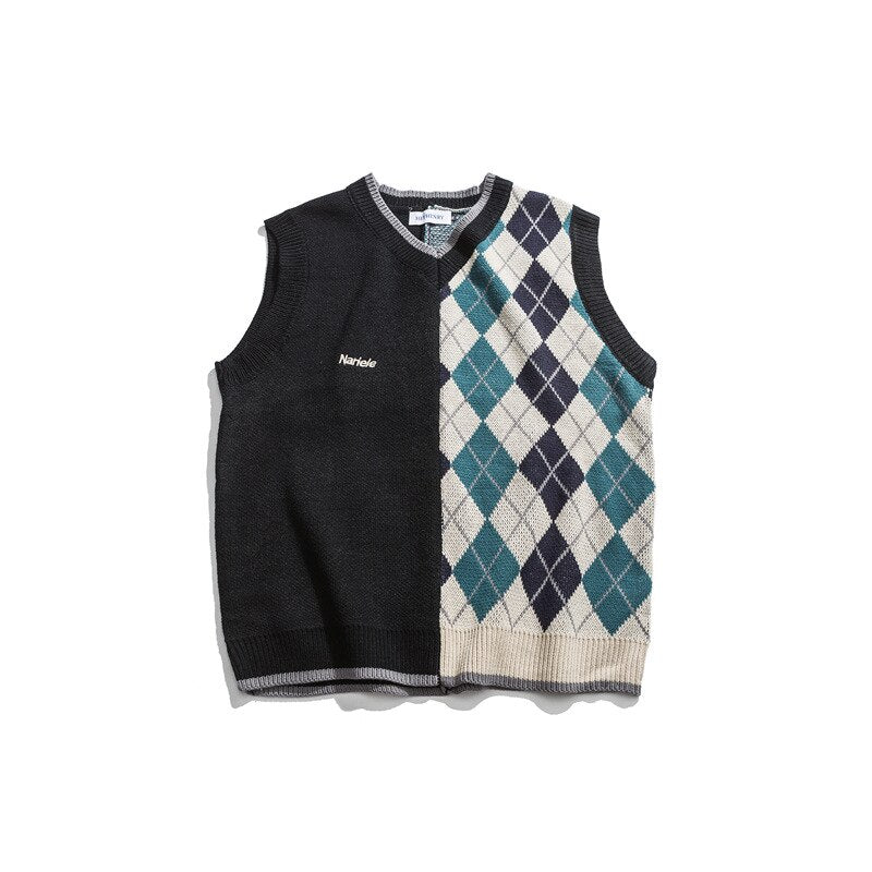Bonsir Japanese Loose Couple Patchwork Argyle Sweater Vest Men's New Autumn Fashion Harajuku Letter Embroidery Man Pullover Vest