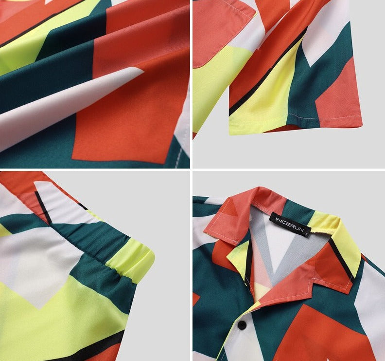 sanyamk trendy mens fashion mens summer outfits dope outfits mens street style mens spring fashion aesthetic outfits Printed Men Sets Streetwear Short Sleeve Lapel Shirt Casual Short Fashion Beach Men Hawaiian Suit 2 Pieces INCERUN 7
