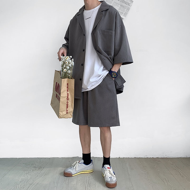 sanyamk Korean Style Men's Set Suit Jacket and Shorts Solid Thin Short Sleeve Top Matching Bottoms Summer Fashion Oversized Clothing Man