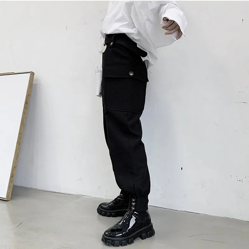 Bonsir Fashion Men Joggers Pant High Waist Wide Leg Belt Tapered Trousers Metal Disc Black Loose Hip Hop Streetwear Oversize Pants Man