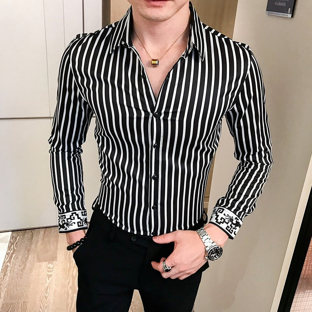 Bonsir Autumn Long Sleeve Stripe Shirt Men Casual Slim Fit Dress Shirts Streetwear Social Night Club Work Shirt Chemise Homme