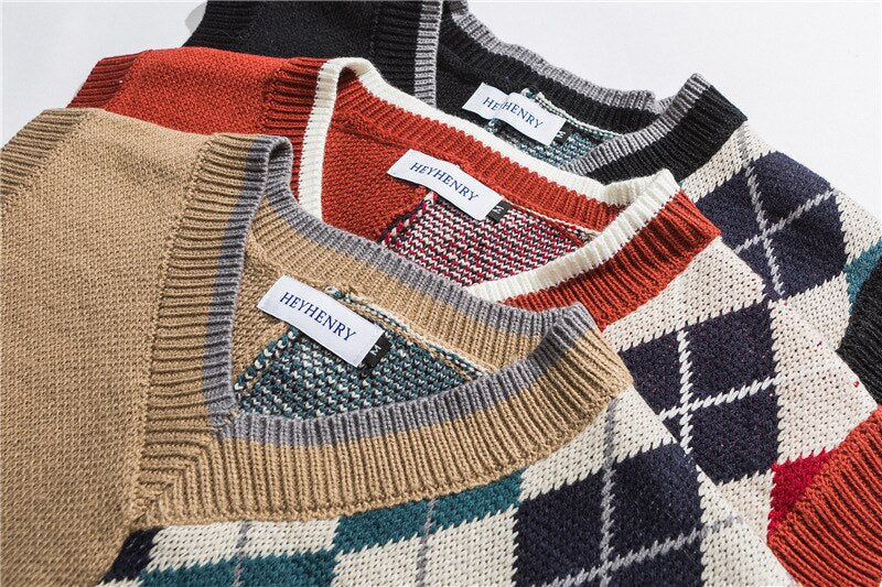 Bonsir Japanese Loose Couple Patchwork Argyle Sweater Vest Men's New Autumn Fashion Harajuku Letter Embroidery Man Pullover Vest