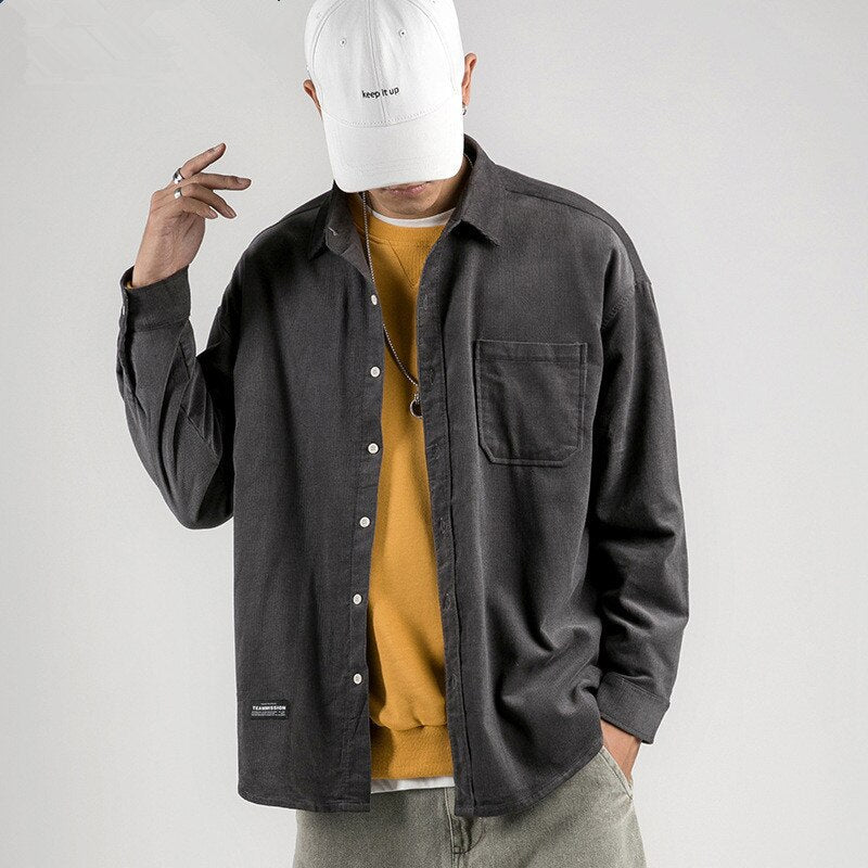 sanyamk Japanese System Male Vintage Flannel Shirt Autumn New Men's Solid Color Loose Long Sleeve Shirt oversized Man Shirt Koszula