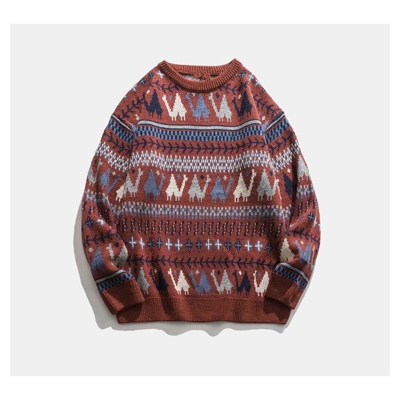 Bonsir Sweater Winter thick ethnic camel round neck pullover sweater for men and women loose casual Japanese retro y2k couple knit coat