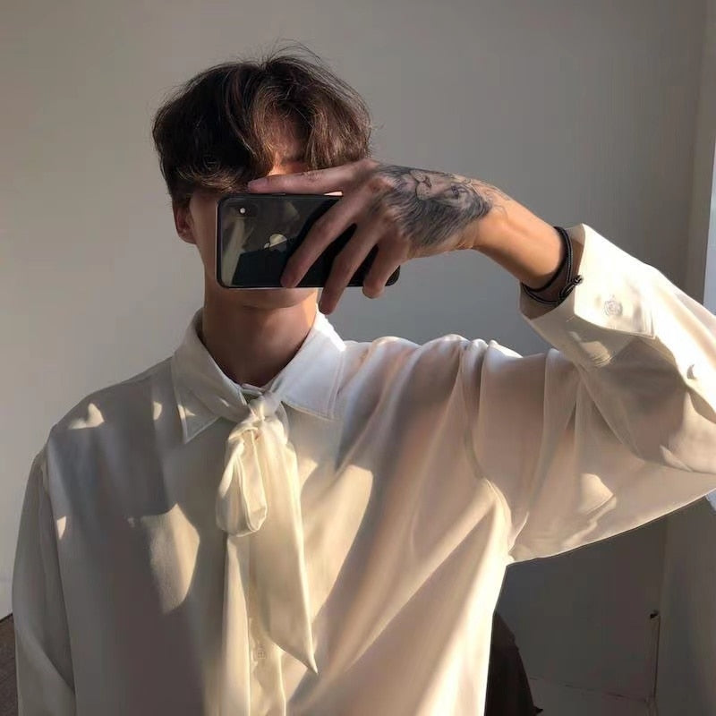 sanyamk Four Seasons Korean Men's Loose Retro Chiffon Fabric Bow Tie Shirt Men's Long Sleeve Nice Clothes Shirts White/black Color Coats